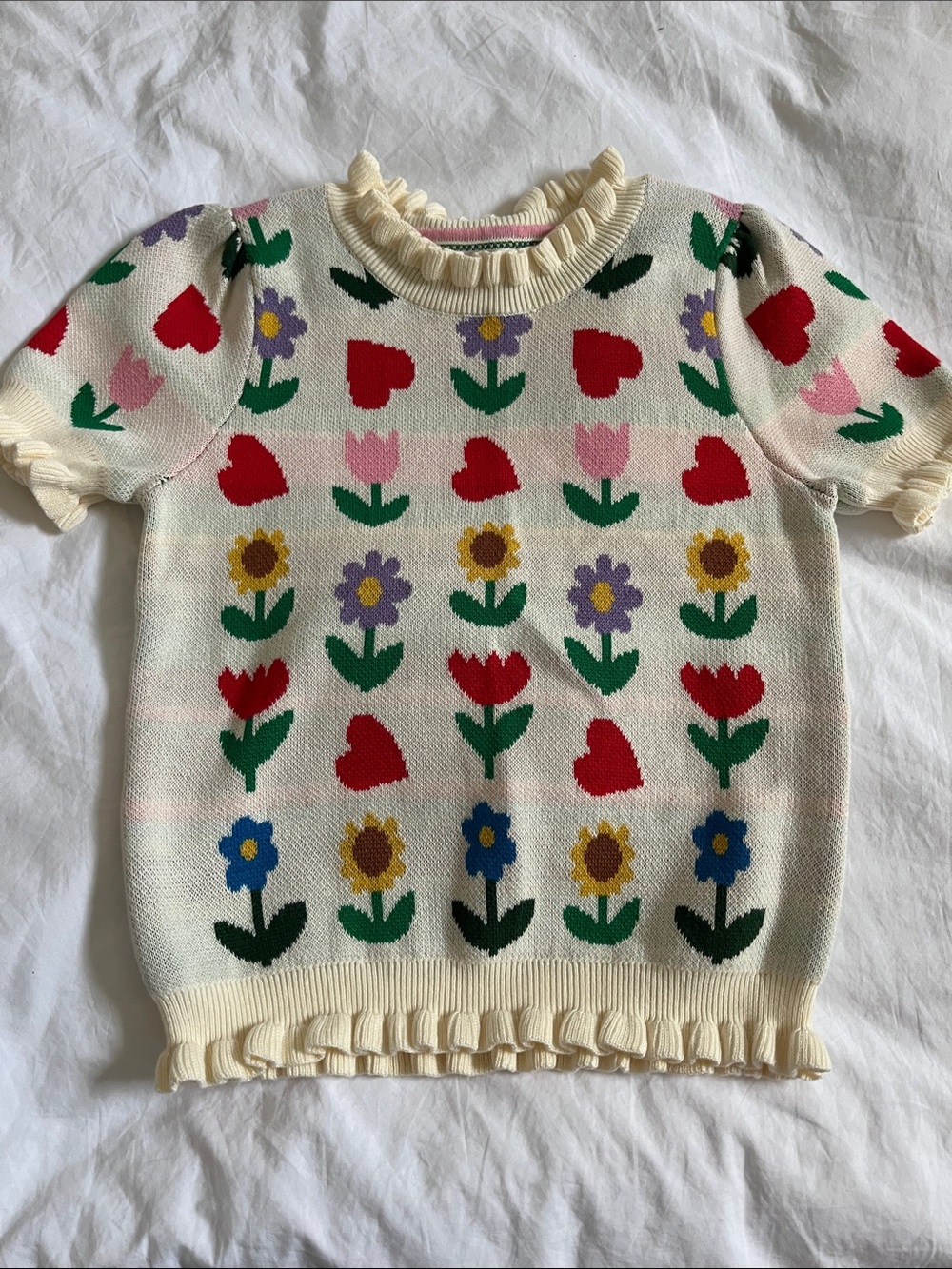 Mini Boden Kids' Floral Jacquard Short Sleeve Cotton Sweater